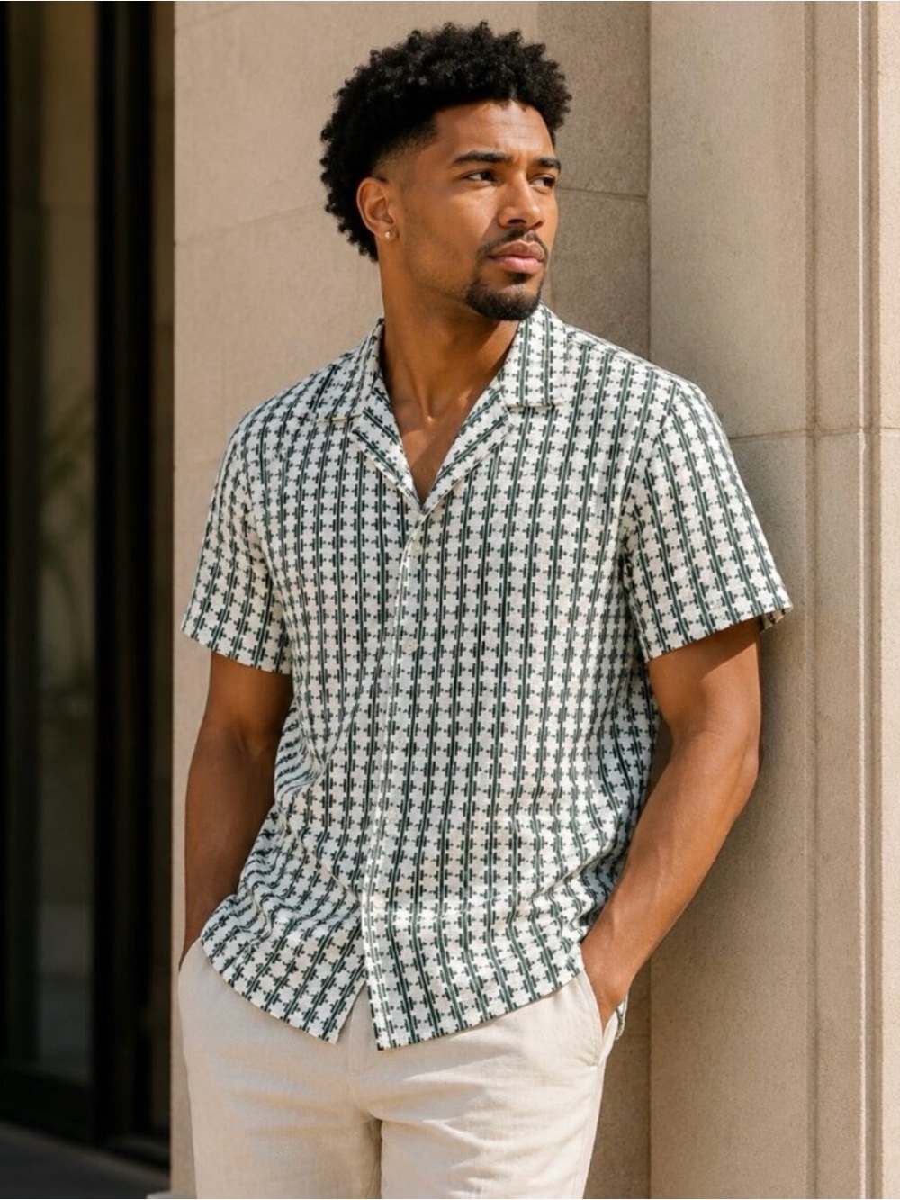 Men's Short-Sleeve Checkered Button-Down Shirt - Black & White